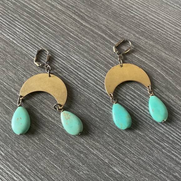 NWOT handmade brass and turquoise bead drop earrings - Picture 1 of 7
